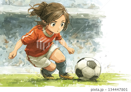 女子サッカー選手のドリブル　フィールドを駆け抜ける日本人選手 134447801