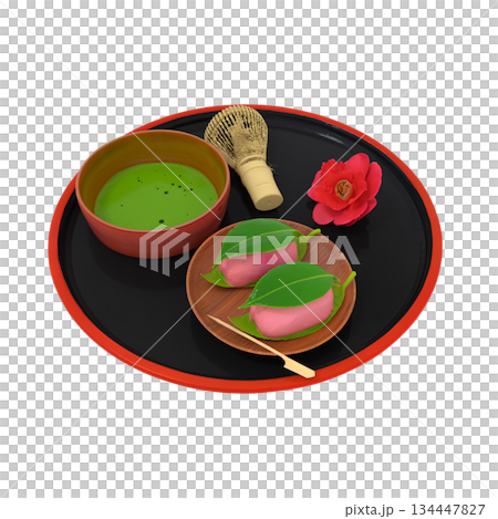 日本最古の和菓子と言われる源氏物語に載る春の和菓子である抹茶と茶筅が載った茶店やカフェの椿餅と椿の花 134447827
