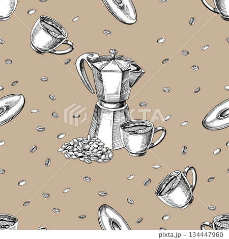 Seamless pattern with a geyser coffee maker and a cup of coffee. Vector illustration for coffee shop design, menus, packaging, and interior design. 134447960