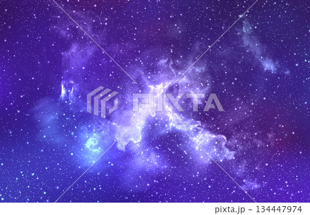 Purple and blue galaxy space atmosphere with stars on dark background	 134447974