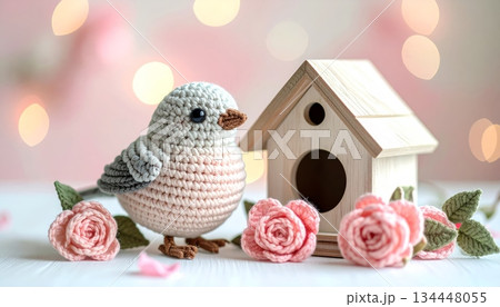 Crochet Bird Doll with Mini Birdhouse and Roses 134448055