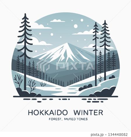 Hokkaido winter landscape with snow covered mountain and forest 134448082