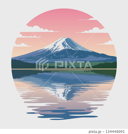 Serene mountain landscape with snow-capped peak reflecting in calm lake waters at sunset 134448091