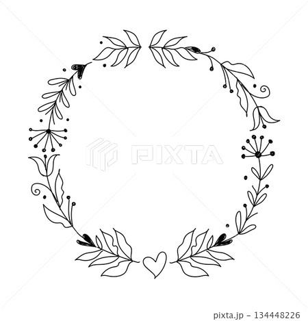 Hand drawn floral wreath frame in minimalist line art style 134448226