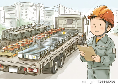 輸送前に大型バッテリーを確認する産業物流の安全チェック 134448239
