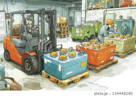 工場内でフォークリフトによりバッテリーモジュールを搬送する作業風景 134448240
