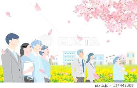 桜の木と菜の花の咲く土手沿いー様々な人々ービジネスパーソンー春ー人物ベクターイラスト背景素材 134448309
