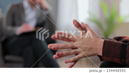 Man therapist, notes and patient in consultation for mental health, discussion and recovery support for anxiety. Therapy, psychologist and hands of person for counseling. Man therapist, notes and patient in consultation for mental health, discussion and recovery support for anxiety. Therapy, psychologist and hands of person for counseling. 134448591