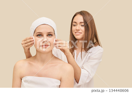 Caucasian young female spa treatment with professional skincare routine 134448606