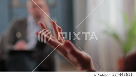 Man therapist, notes and patient in consultation for mental health, discussion and recovery support for anxiety. Therapy, psychologist and hands of person for counseling. Man therapist, notes and patient in consultation for mental health, discussion and recovery support for anxiety. Therapy, psychologist and hands of person for counseling. 134448611