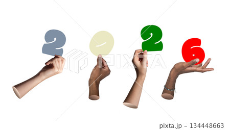 Diverse hands holding colorful 2026 numbers celebrating New Year, isolated on white background. Diverse hands holding colorful 2026 numbers celebrating New Year, isolated on white background. 134448663