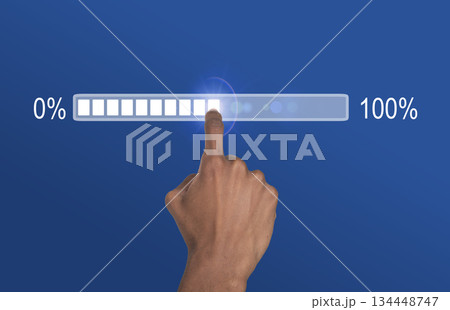 Loading bar completion concept. Hand of African American man pointing from 0 to 100 percent, symbol Loading bar completion concept. Hand of African American man pointing from 0 to 100 percent, symbol 134448747