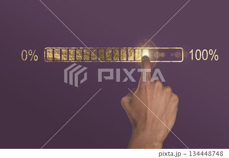 Loading bar completion. Golden digital screen with hand of African American man pointing from 0 to 134448748