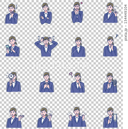 Facial expression set of a woman in a suit 134449104