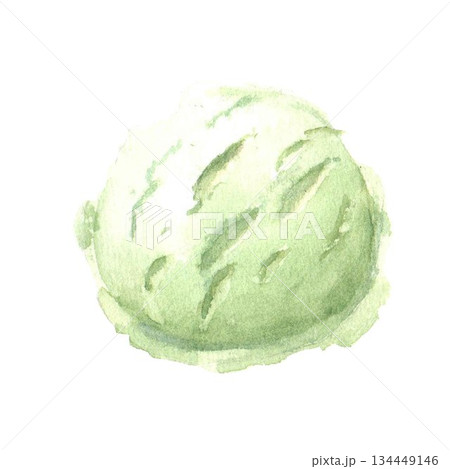 Isolate realistic scoop of pistachio ice cream hand drawn in watercolor on isolated background for menu design and advertising in bakery, pastry shop, store, fabric, stickers, dessert design, baking. Isolate realistic scoop of pistachio ice cream hand drawn in watercolor on isolated background for menu design and advertising in bakery, pastry shop, store, fabric, stickers, dessert design, baking. 134449146