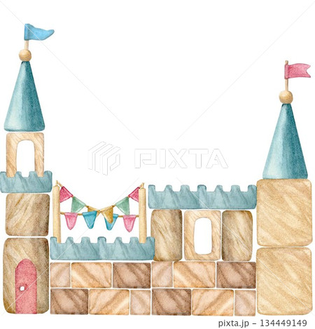 Assembled from wooden blocks and hand-painted in watercolor on an isolated white background, the festive castle is suitable for creating compositions, decorating cards, invitations and gift wrapping. Assembled from wooden blocks and hand-painted in watercolor on an isolated white background, the festive castle is suitable for creating compositions, decorating cards, invitations and gift wrapping. 134449149
