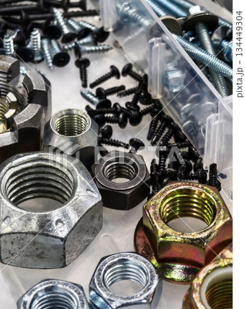 Various metal nuts and screws organized in a container with some lying on a surface Various metal nuts and screws organized in a container with some lying on a surface 134449304