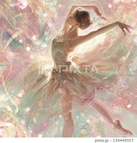 光の中で舞うバレリーナ ― やさしい色彩の幻想的ダンスイラストの