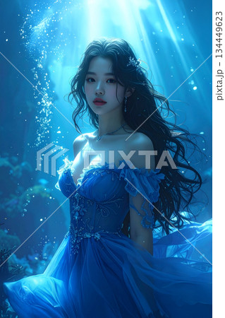 青い海の異次元に佇む幻想的なお姫様 134449623