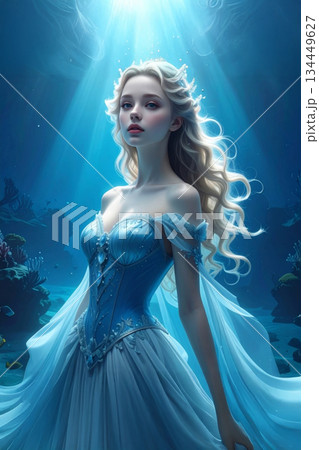 青い海の異次元に佇む幻想的なお姫様 青い海の異次元に佇む幻想的なお姫様 134449627