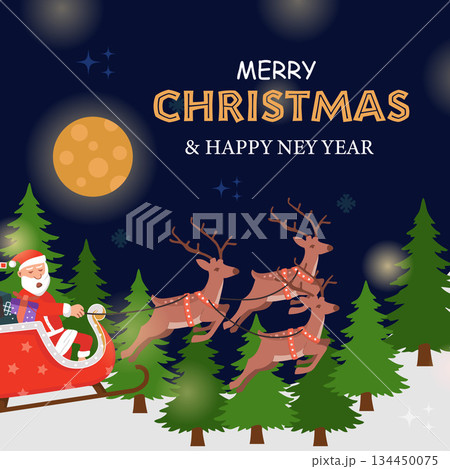 Merry Christmas and Happy New Year Illustration Santa Claus Sleigh Deers Flying on Pine Forest Night.Vector Illustration 134450075