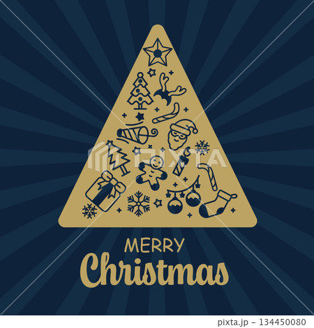 Merry Christmas Greeting Card Triangle Shape Christmas Tree Icon Gold Brown Elements Dark Background. Merry Christmas Greeting Card Triangle Shape Christmas Tree Icon Gold Brown Elements Dark Background. 134450080