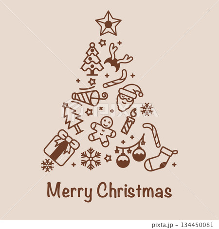 Merry Christmas Greeting Card Triangle Shape Christmas Tree Icon Brown Elements Beige Background.Vector illustration 134450081