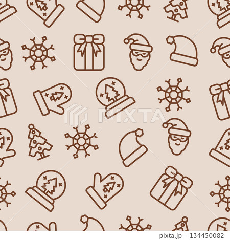Seamless vector pattern featuring repeating outline icons of classic Christmas elements in a warm brown color on a pale beige background. 134450082