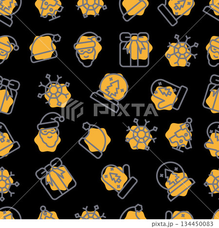 Seamless Pattern Christmas Elements Gift Snow Globe Santa Hat on Black Background.Vector Illustration 134450083