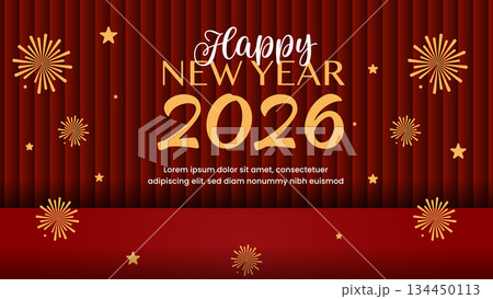 Happy New Year 2026 Christmas Banner Greetings Podium Curtains Red Background Fireworks Decoration.Vector Design 134450113