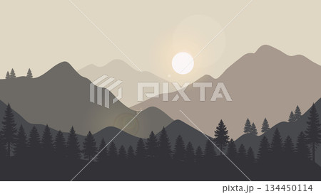 Landscape Mountains Illustration Gray and Silhouette Pine Tree on Evening.Vector Scenery Landscape Mountains Illustration Gray and Silhouette Pine Tree on Evening.Vector Scenery 134450114