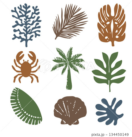 Hand Drawn Silhouette Tropical Sea Nature Element Collection.Vector Illustration 134450149