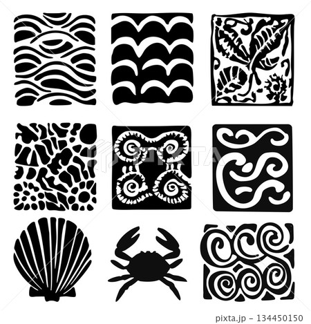 Silhouette Decorative Tropical Sea Nature Element Decorative Pattern Set.Vector Illustration 134450150