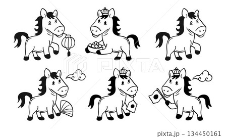 Cute Horse Cartoon Animal Chinese New Year Line Art Collection.Vector Illustration Cute Horse Cartoon Animal Chinese New Year Line Art Collection.Vector Illustration 134450161