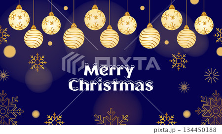 Merry Christmas Greeting Banner Gold Lanterns and Snowflakes Dark Blue Background.Vector Illustration Merry Christmas Greeting Banner Gold Lanterns and Snowflakes Dark Blue Background.Vector Illustration 134450188