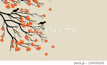 Illustration Fall Maple Leaves Tree Branch and Silhouette Birds Japanese Style.Vector Illustration 134450203