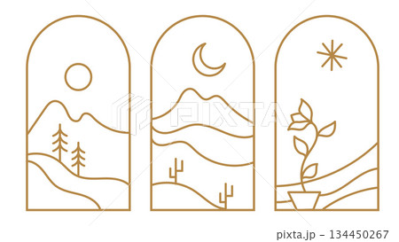 Mountain Hill Landscape Bohemian Line Illustration Logo Art Icons Sun Moon Tropical Plant Arch Window Design.Vector Set Mountain Hill Landscape Bohemian Line Illustration Logo Art Icons Sun Moon Tropical Plant Arch Window Design.Vector Set 134450267
