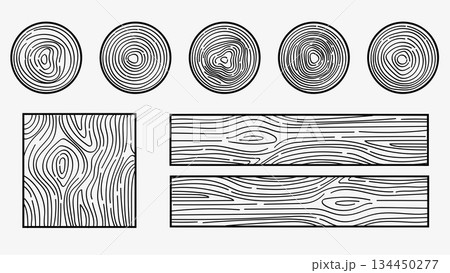 Wooden Texture Hand Drawn Wood Tree Rings Graphics Outline Circle and Square Set.Vector Elements 134450277