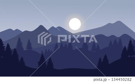 Blue Landscape Mountains Background with Silhouette Pine Trees Layered Night Scenery.Vector Design Blue Landscape Mountains Background with Silhouette Pine Trees Layered Night Scenery.Vector Design 134450282