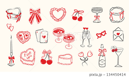 Whimsical hand drawn romantic doodle elements with hearts, bows, cakes, cocktails and champagne. Vintage inspired Valentine and wedding illustration set for invitations cards, stationery, celebrations Whimsical hand drawn romantic doodle elements with hearts, bows, cakes, cocktails and champagne. Vintage inspired Valentine and wedding illustration set for invitations cards, stationery, celebrations 134450414