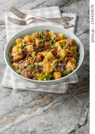 Ground Beef and Potato Stir-Fry closeup on the plate. Vertical Ground Beef and Potato Stir-Fry closeup on the plate. Vertical 134450676