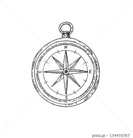 Vector navigation marine compass. Hand painted linear nautical Wind Rose illustration. Graphic monochrome sketch isolated on background. For designers, prints, logo, icon, menu, postcards, holiday 134450767