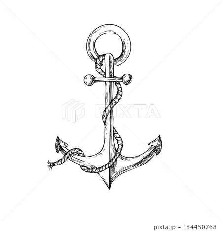 Vector anchor with rope in marine style. Hand painted linear nautical illustration. Graphic monochrome sketch isolated on background. For designers, prints, logo, icon, menu, postcards, holiday 134450768