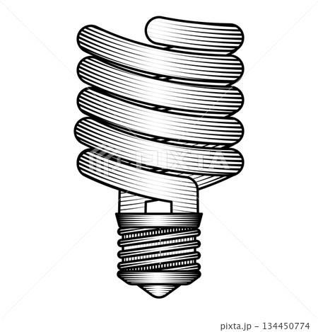 spiral energy saving light bulb illustration in vintage woodcut style black white vector art electric lamp sketch engraved drawing design 134450774