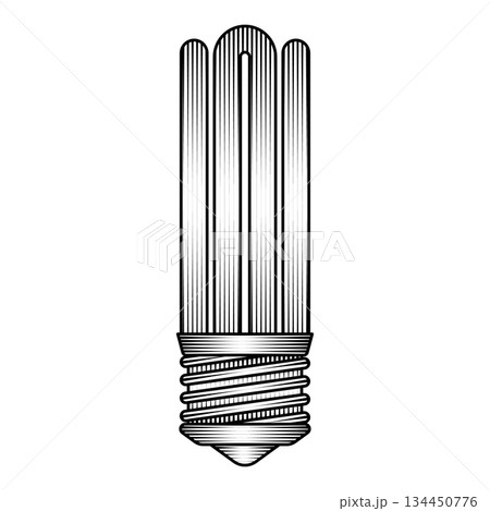 compact fluorescent light bulb illustration in vintage woodcut isolated energy saving lamp sketch engraved drawing 134450776