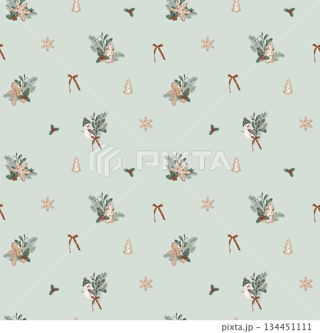 Christmas seamless pattern with symbol new year 2026, horses, pine branches, for tree, bow. Repeat ornament with illustration holly and red berries and sweet cookie gingerbread and snowman. 134451111