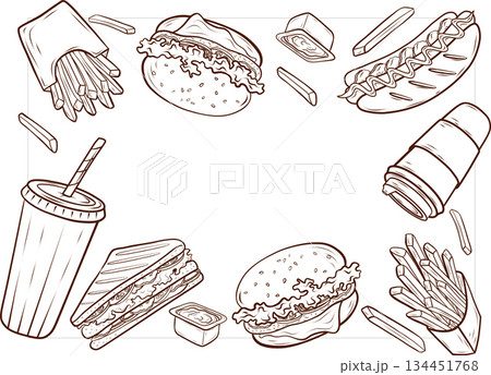 A fast food frame featuring a burger, hot dog, sauce, fries, soda, and coffee. Vector illustration. American food. Elements for menus, banners, advertising layouts, packaging, and corporate identities A fast food frame featuring a burger, hot dog, sauce, fries, soda, and coffee. Vector illustration. American food. Elements for menus, banners, advertising layouts, packaging, and corporate identities 134451768