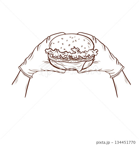 A burger held in both gloved hands. The illustration is rendered in thin linear strokes in a vector outline style. The object is fast food for visual design. It is used in menus, advertising layouts 134451770