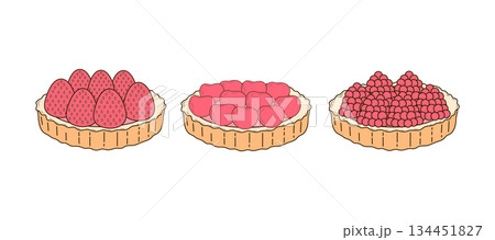 Set of shortcrust pastry tartlet with whipped cream, decorated with raspberries, strawberries and cherries. Isolated vector illustrations for poster, banner, postcard, advertising, menu, packaging. 134451827