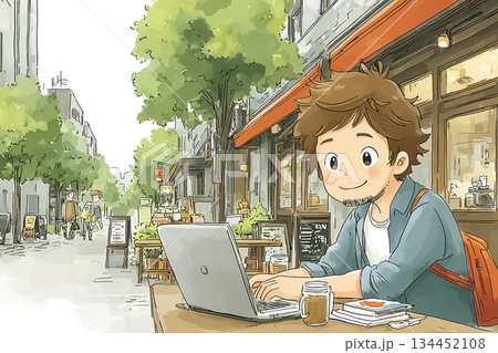 カフェテラスでノートパソコン作業をする男性　街並みと日常のワークシーン 134452108